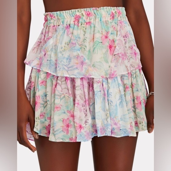 LOVESHACKFANCY Ruffled Floral Tropical Sunrise Multi Tiered Mini Skirt EUC Sz S - Picture 1 of 12